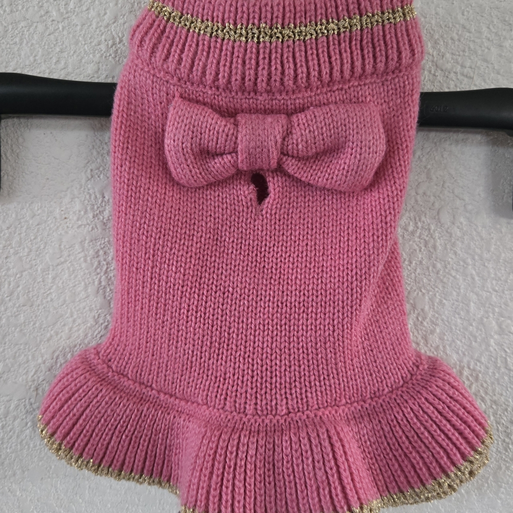 Pink Dog Sweater with Gold Trim and Bow - Picture 3 of 3